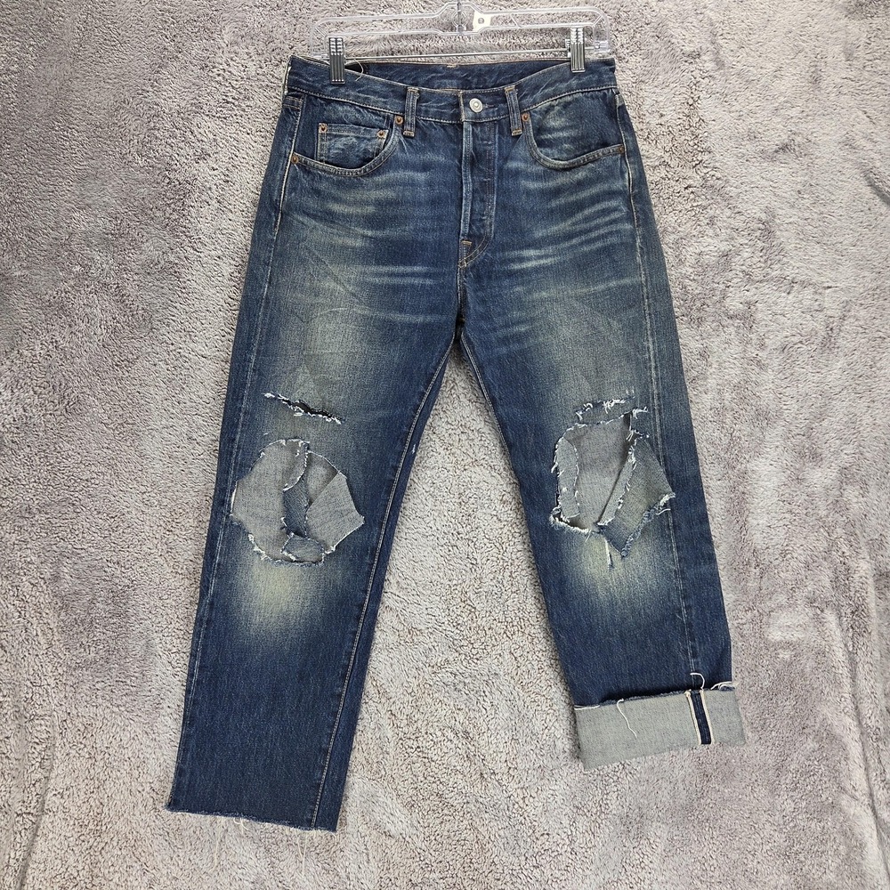 Levis 501 Jeans Mens Blue Selvedge LVC Raw Hem Destroyed Honeycomb Fits 29x24